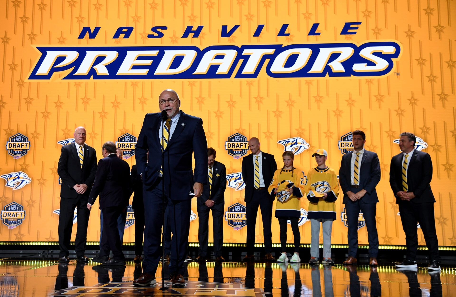 Nashville, Tennessee, USA; Nashville Predators incoming general manager Barry Trotz during round one of the 2023 NHL Draft at Bridgestone Arena.