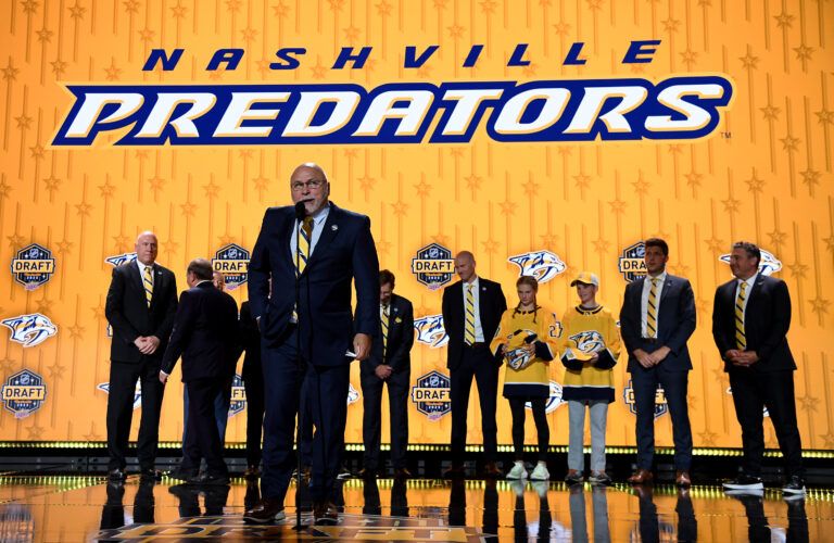 Nashville, Tennessee, USA; Nashville Predators incoming general manager Barry Trotz during round one of the 2023 NHL Draft at Bridgestone Arena.