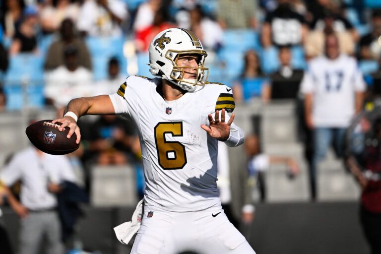 New Orleans Saints quarterback Tyler Shough (6) throws a pass during the third quarter against the Carolina Panthers at Bank of America Stadium.