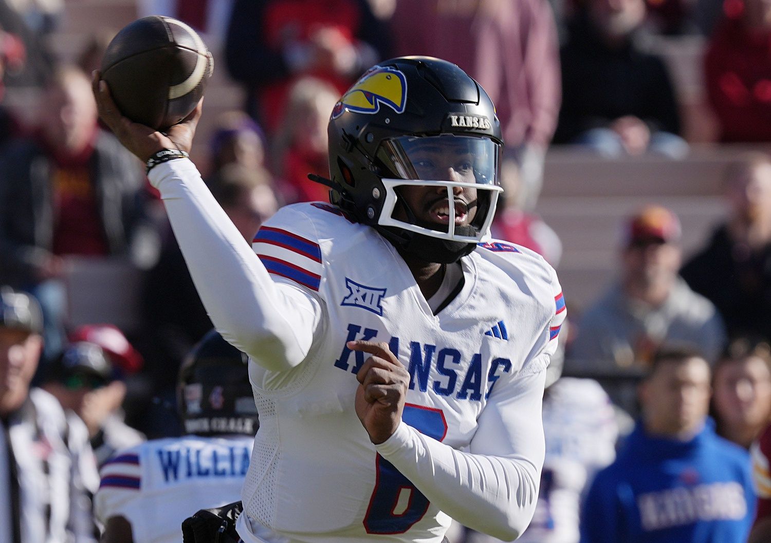 Kansas Jayhawks quarterback Jalon Daniels (6) passes the ball against Iowa State during the first quarter in the senior day on Nov. 22, 2025, at Jack Trice Stadium in Ames, Iowa