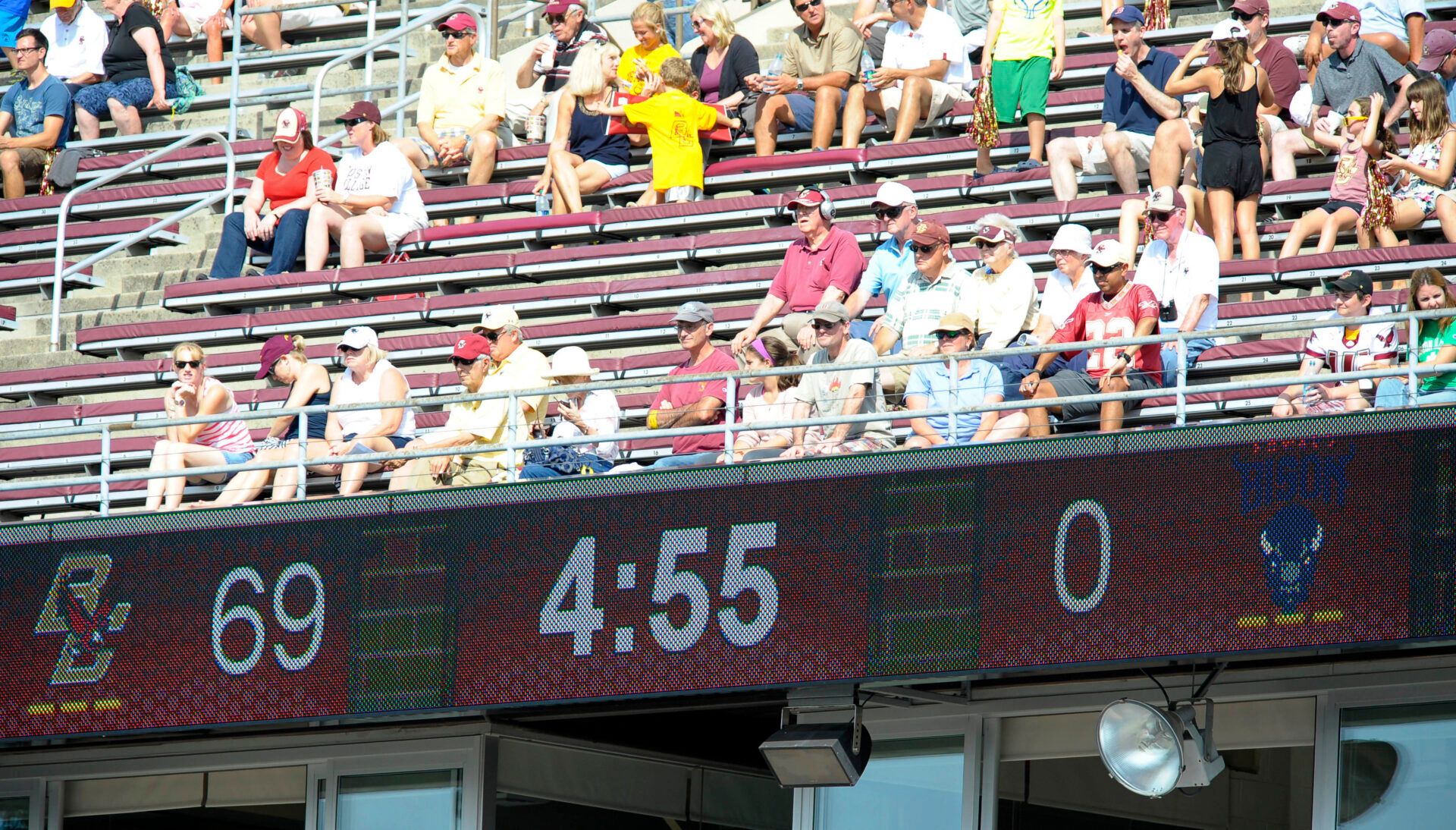 A general view of the scoreboard during the second half between the Boston College Eagles and Howard Bison at Alumni Stadium.