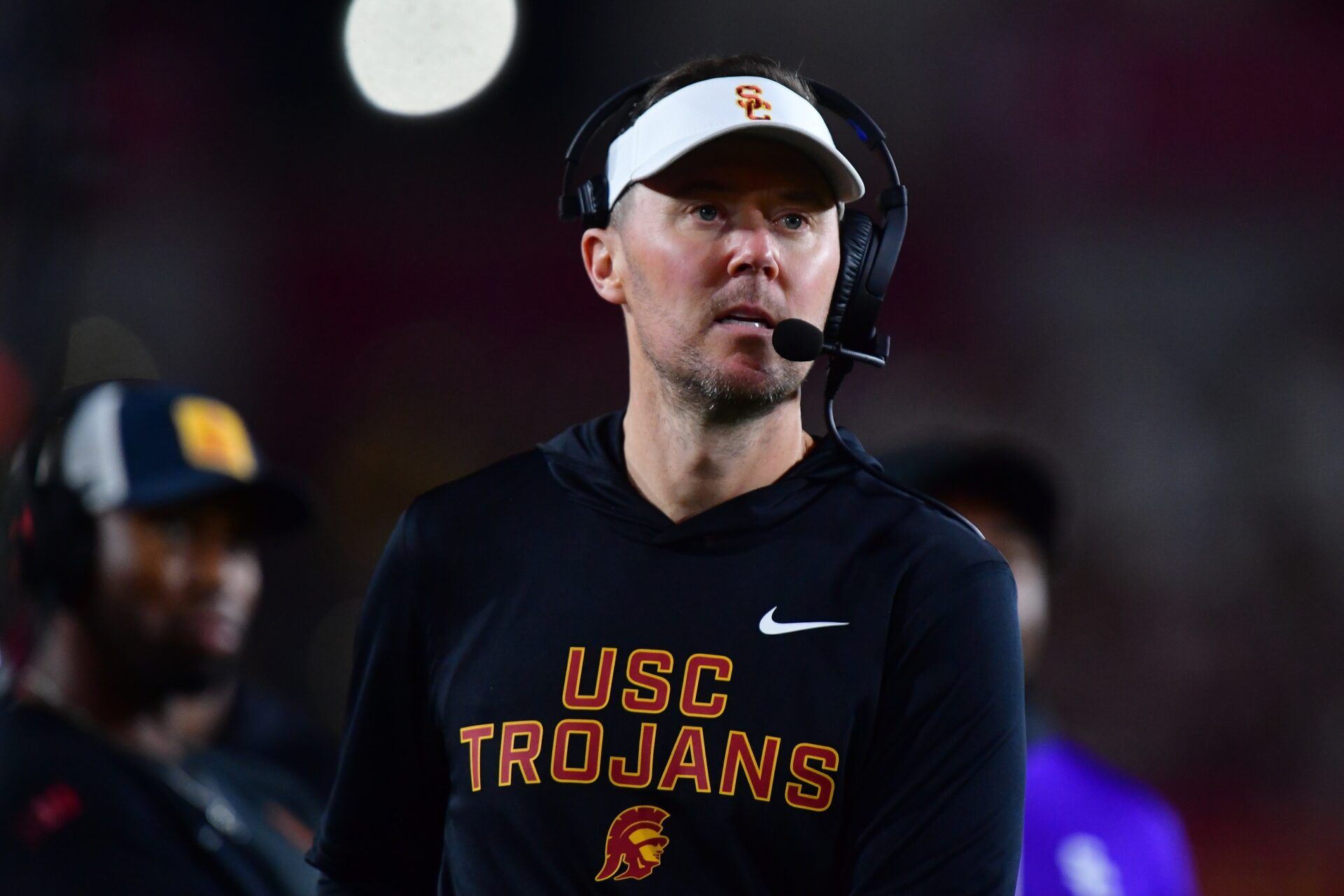 Southern California Trojans head coach Lincoln Riley watches game action against the Northwestern Wildcats during the second half at the Los Angeles Memorial Coliseum.
