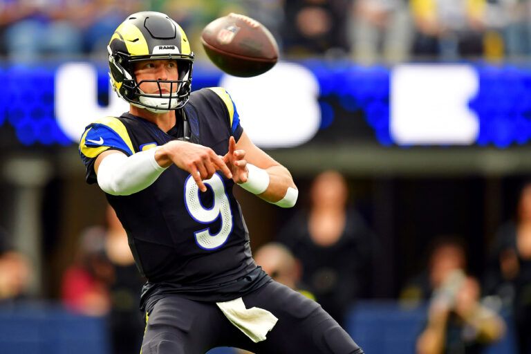 Los Angeles Rams quarterback Matthew Stafford (9) throws a pass during the first half against the Seattle Seahawks at SoFi Stadium.