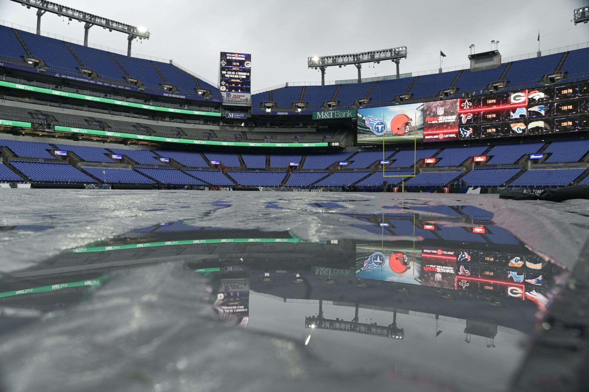 Rain collects on the tarp prior to the start of the game between Indianapolis Colts at Baltimore Ravens at M&T Bank Stadium.