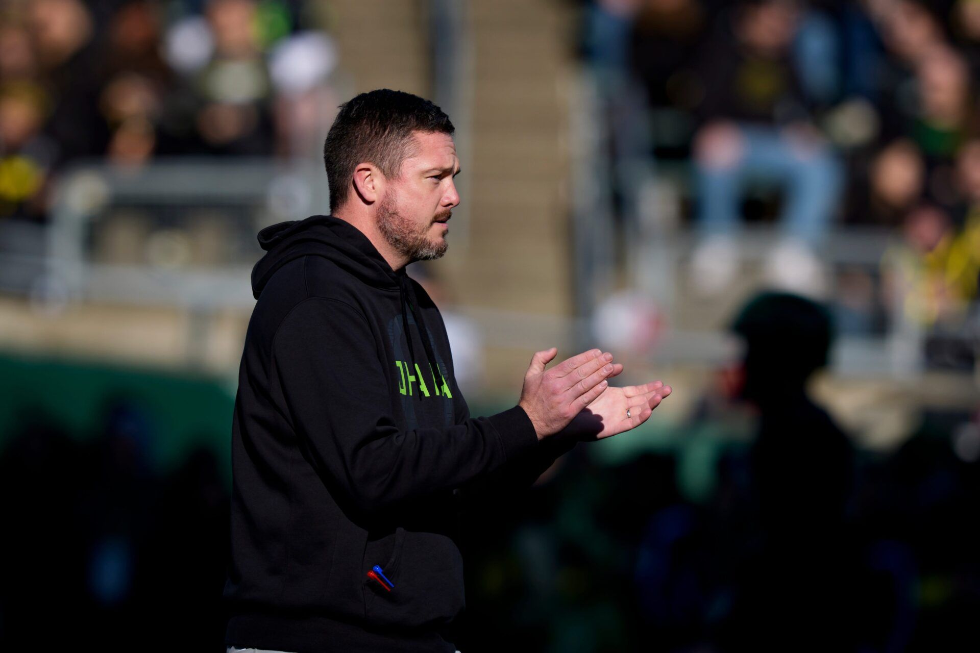 Oregon head coach Dan Lanning takes the field ahead of the game as the Oregon Ducks host the USC Trojans on Nov. 22, 2025, at Autzen Stadium in Eugene, Oregon.