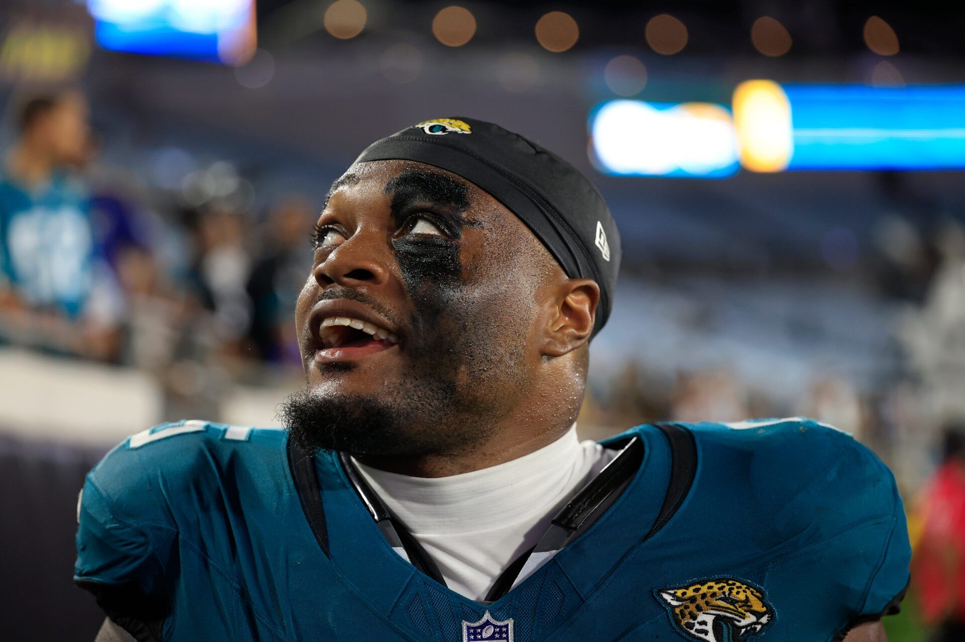 Jacksonville Jaguars defensive end BJ Green II (95) talks to fans after the game of an NFL preseason matchup at EverBank Stadium, Saturday, Aug. 9, 2025 in Jacksonville, Fla. The Steelers defeated the Jaguars 31-25. [Corey Perrine/Florida Times-Union]
