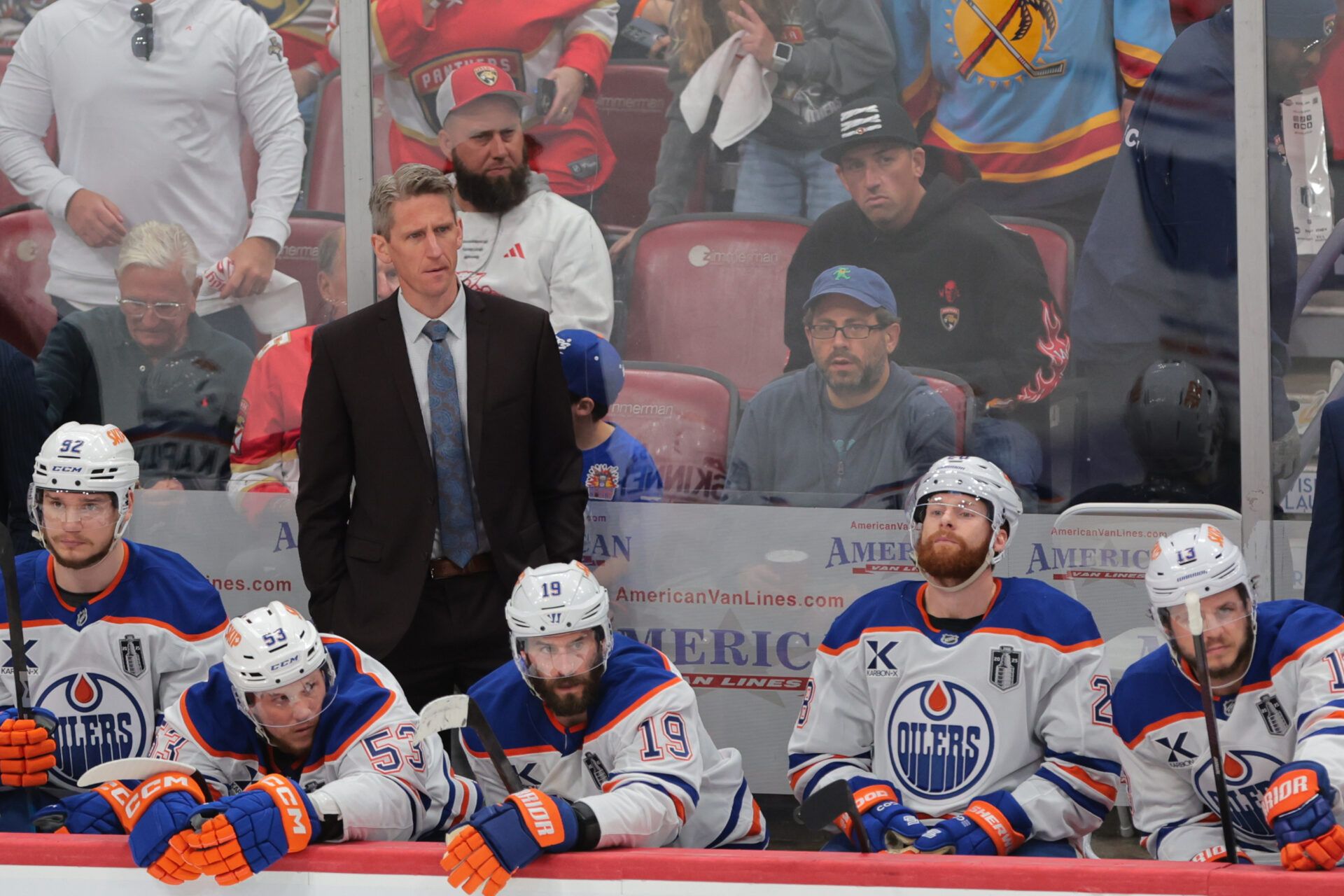 Edmonton Oilers head coach Kris Knoblauch looks on during the third period against the Florida Panthers in game four of the 2025 Stanley Cup Final at Amerant Bank Arena.
