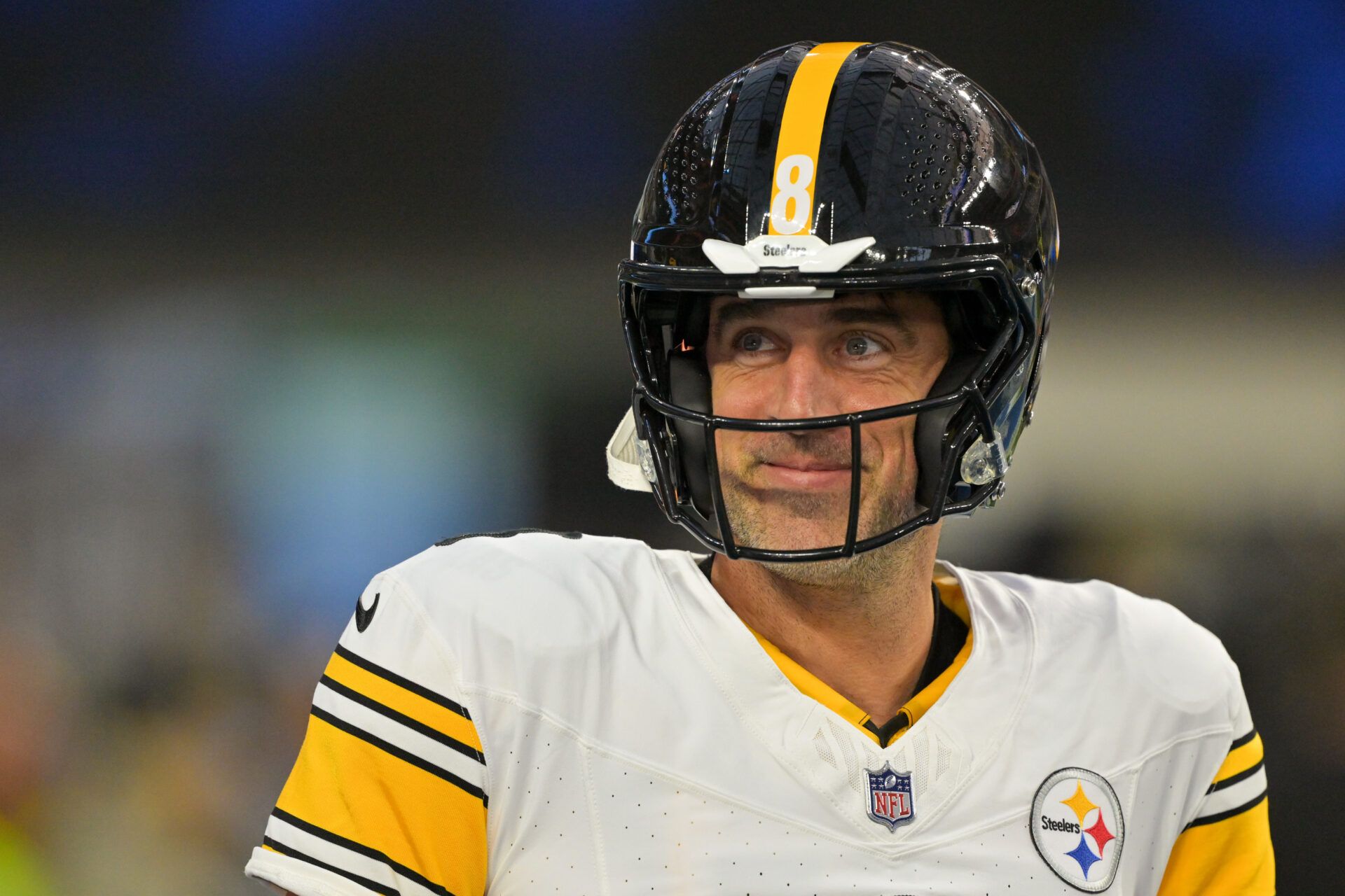 Pittsburgh Steelers quarterback Aaron Rodgers (8) looks on during warmups before the game against the Los Angeles Chargers at SoFi Stadium.