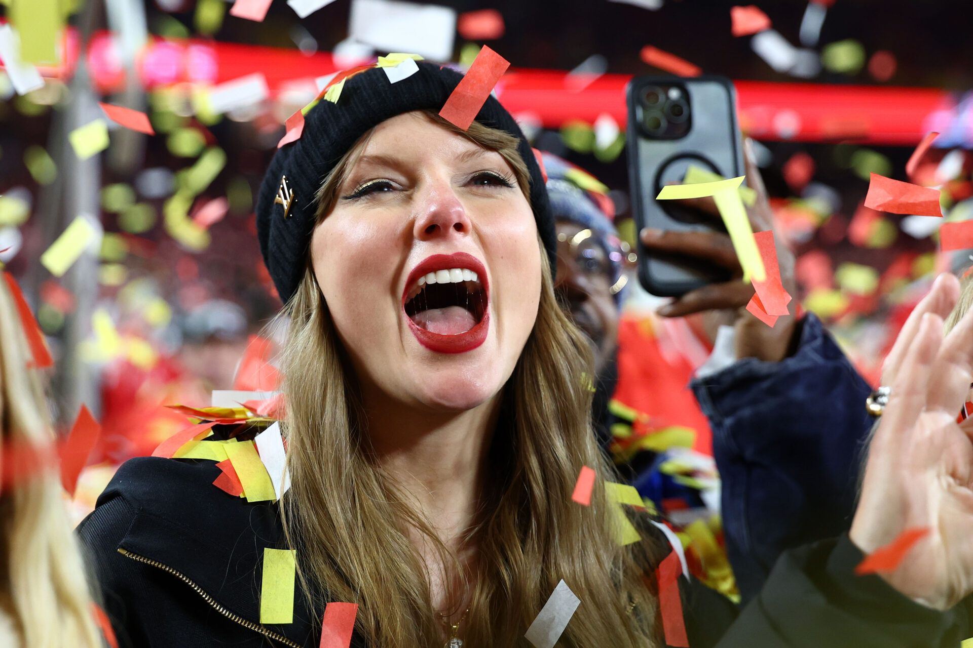 Recording artist Taylor Swift  reacts after the AFC Championship game against the Buffalo Bills at GEHA Field at Arrowhead Stadium.