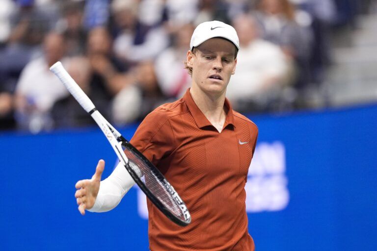 Jannik Sinner (ITA) reacts against Carlos Alcaraz (ESP) (not pictured) during the final of mens singles at Billie Jean King National Tennis Center.