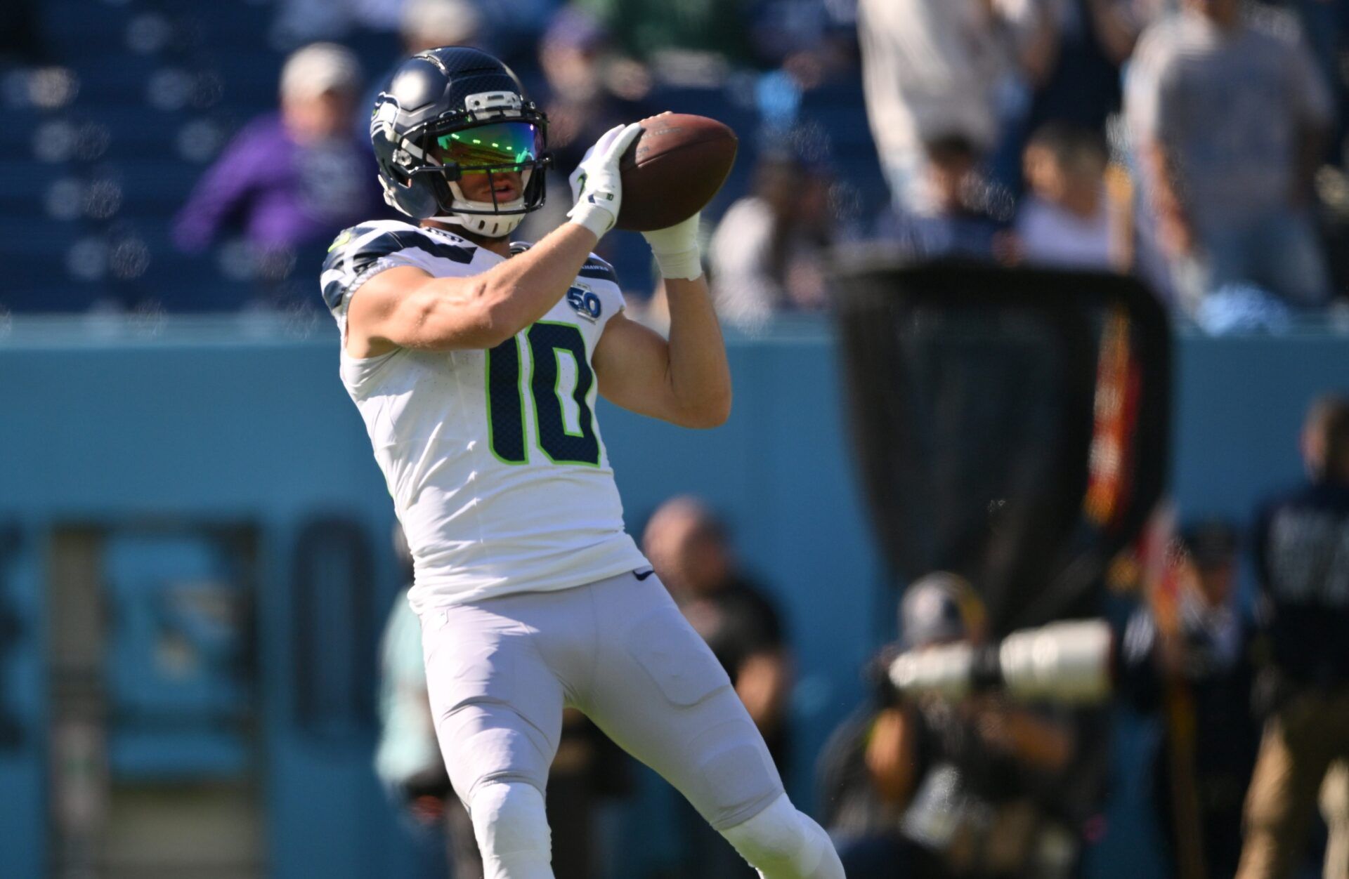 Seattle Seahawks wide receiver Cooper Kupp (10) warms up before a game against the Tennessee Titans at Nissan Stadium.
