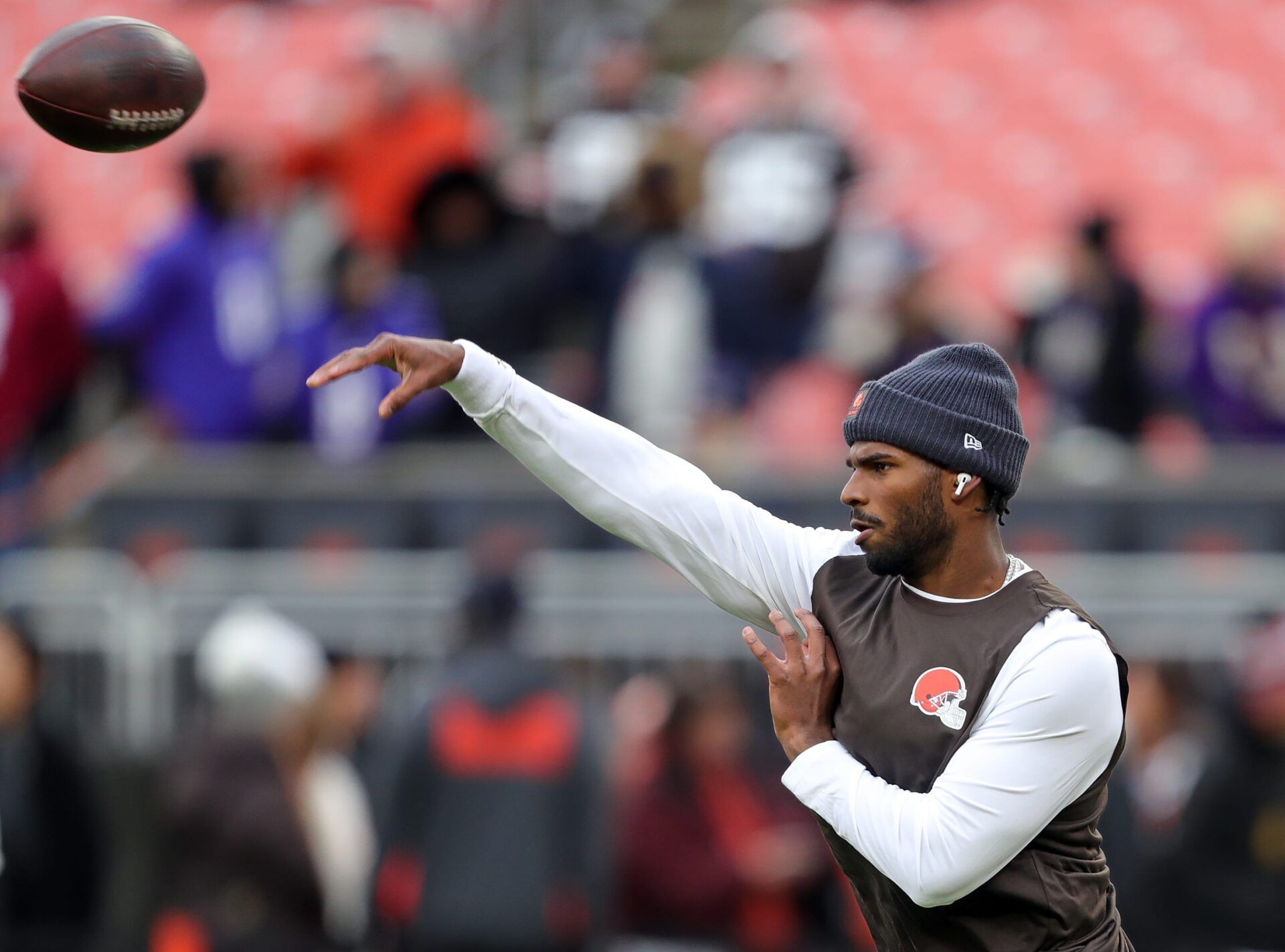 Cleveland Browns quarterback Shedeur Sanders warms up before an NFL football game at Huntington Bank Field, Nov. 16, 2025, in Cleveland, Ohio.