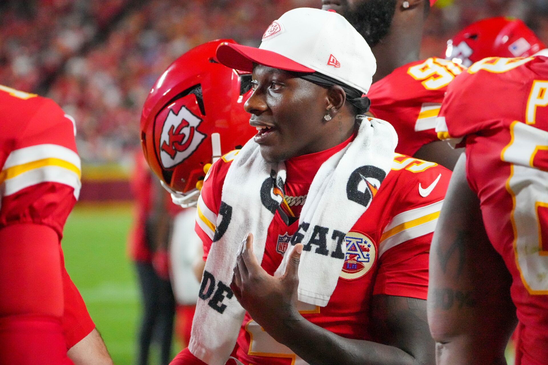Kansas City Chiefs wide receiver Hollywood Brown (5) on the sidelines against the Chicago Bears during the first half of the game at GEHA Field at Arrowhead Stadium.