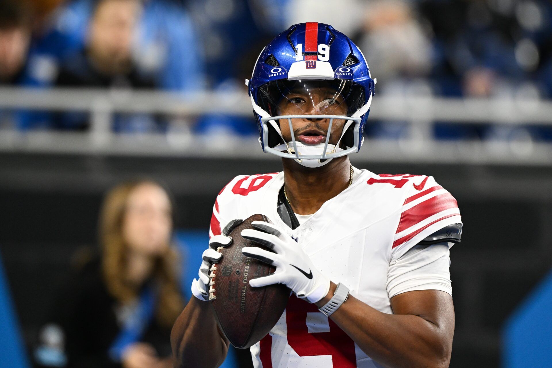 New York Giants quarterback Jameis Winston (19) warms up before the game against the Detroit Lions at Ford Field.