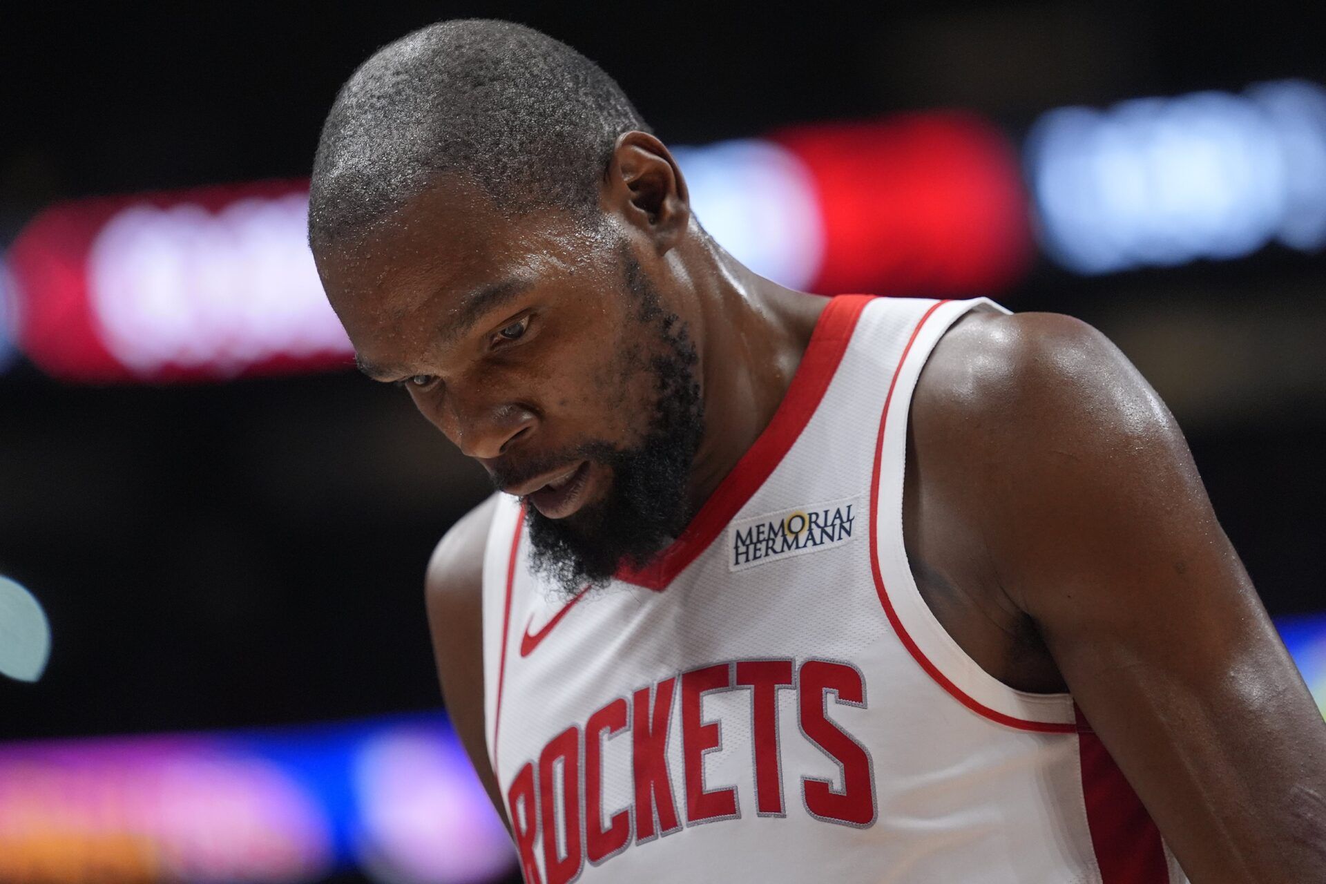 Houston Rockets forward Kevin Durant (7) during a break in the action against the Toronto Raptors during the second half at Scotiabank Arena.