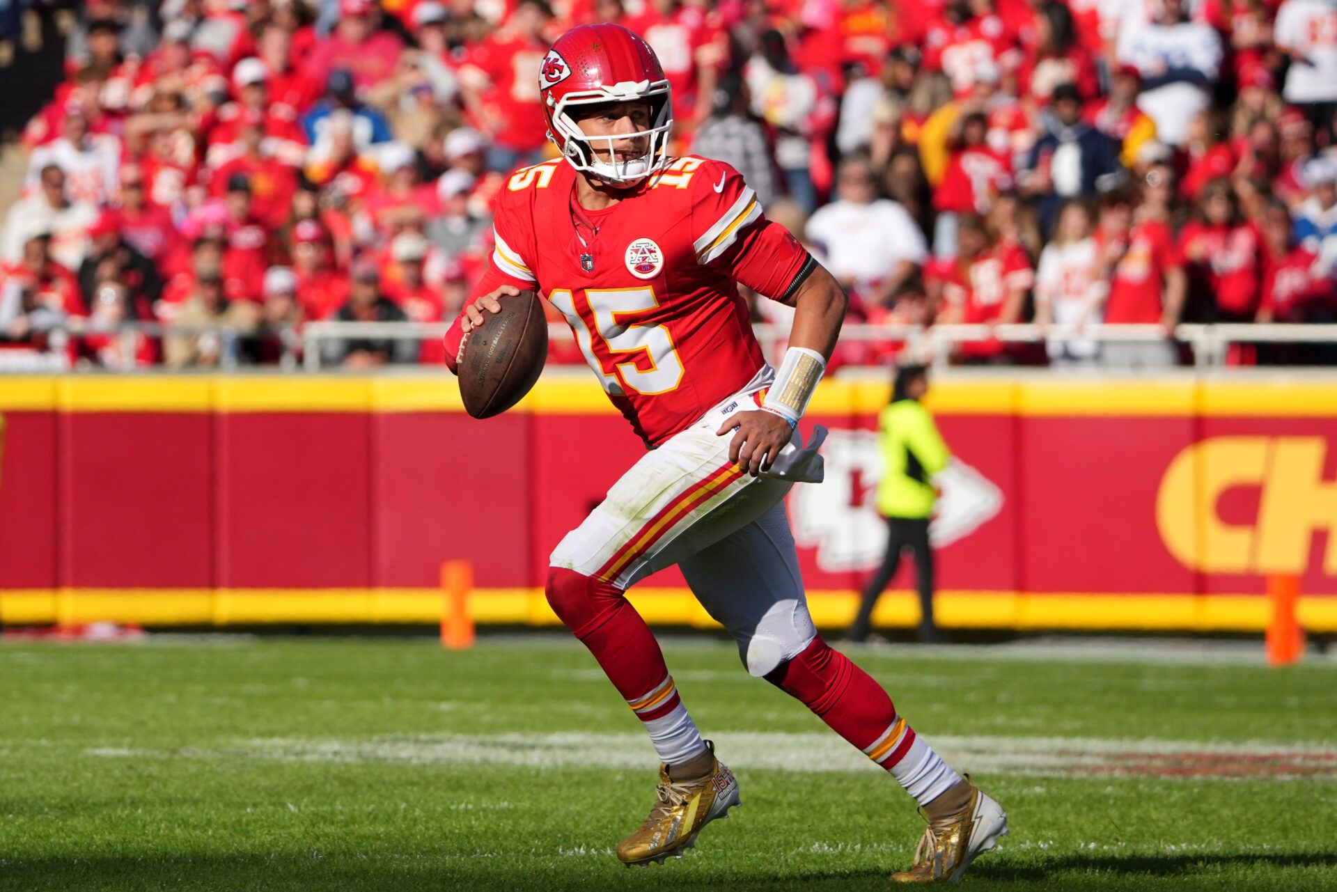 Kansas City Chiefs quarterback Patrick Mahomes (15) looks to pass against the Indianapolis Colts in the second quarter at GEHA Field at Arrowhead Stadium.