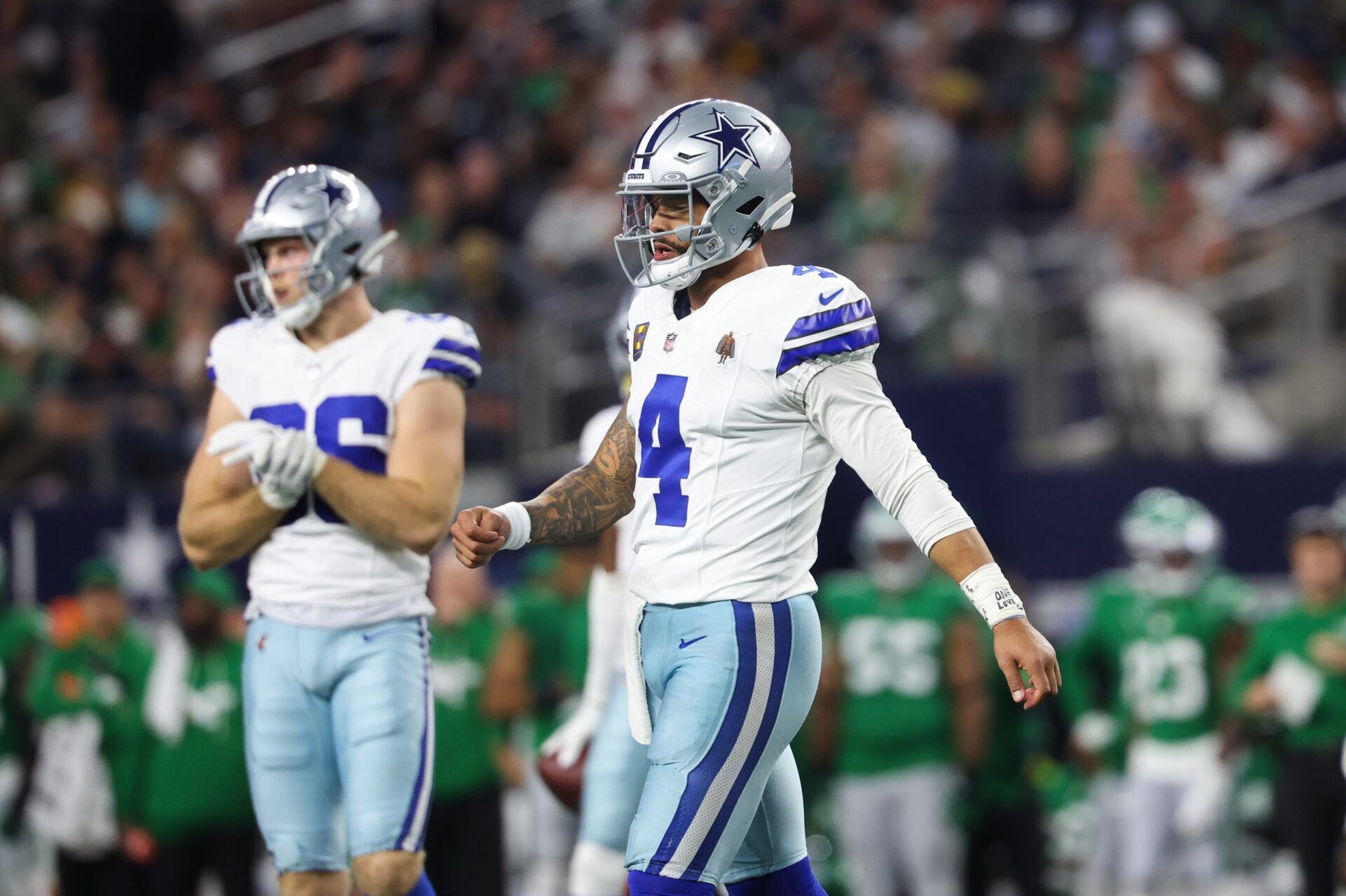 Dallas Cowboys quarterback Dak Prescott (4) breaks the all time passing record for in Cowboys history during the third quarter against the Philadelphia Eagles at AT&T Stadium.