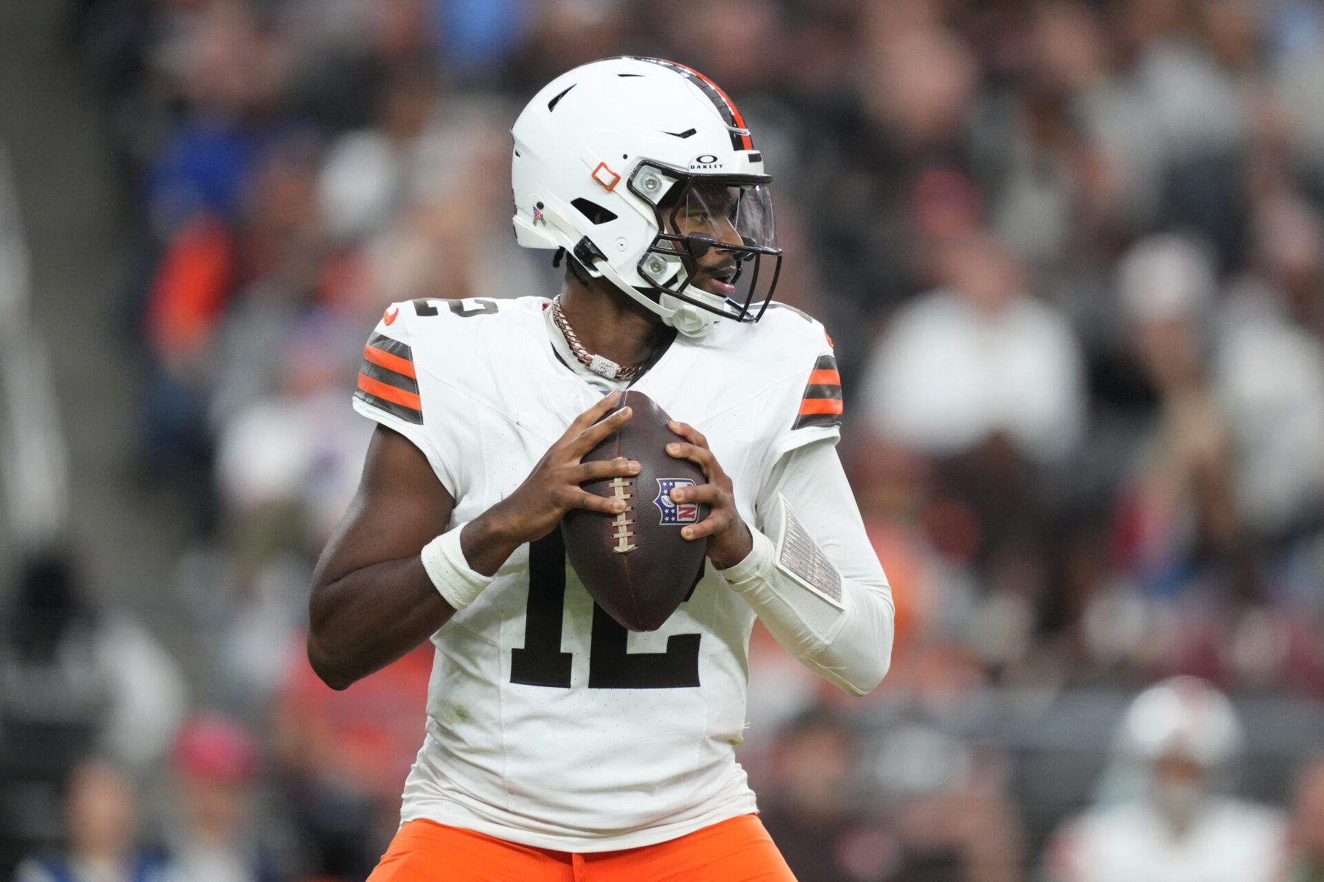 Cleveland Browns quarterback Shedeur Sanders (12) passes against the Las Vegas Raiders in the first half at Allegiant Stadium.