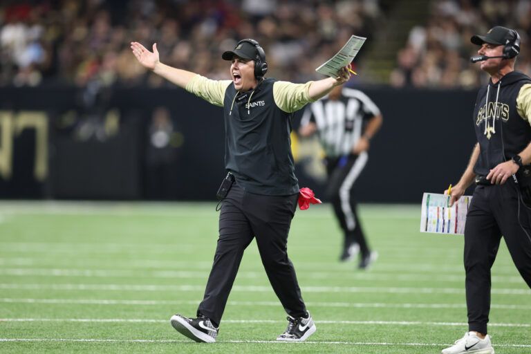 New Orleans Saints head coach Kellen Moore reacts on the sidelines during the second half against the Atlanta Falcons at Caesars Superdome.