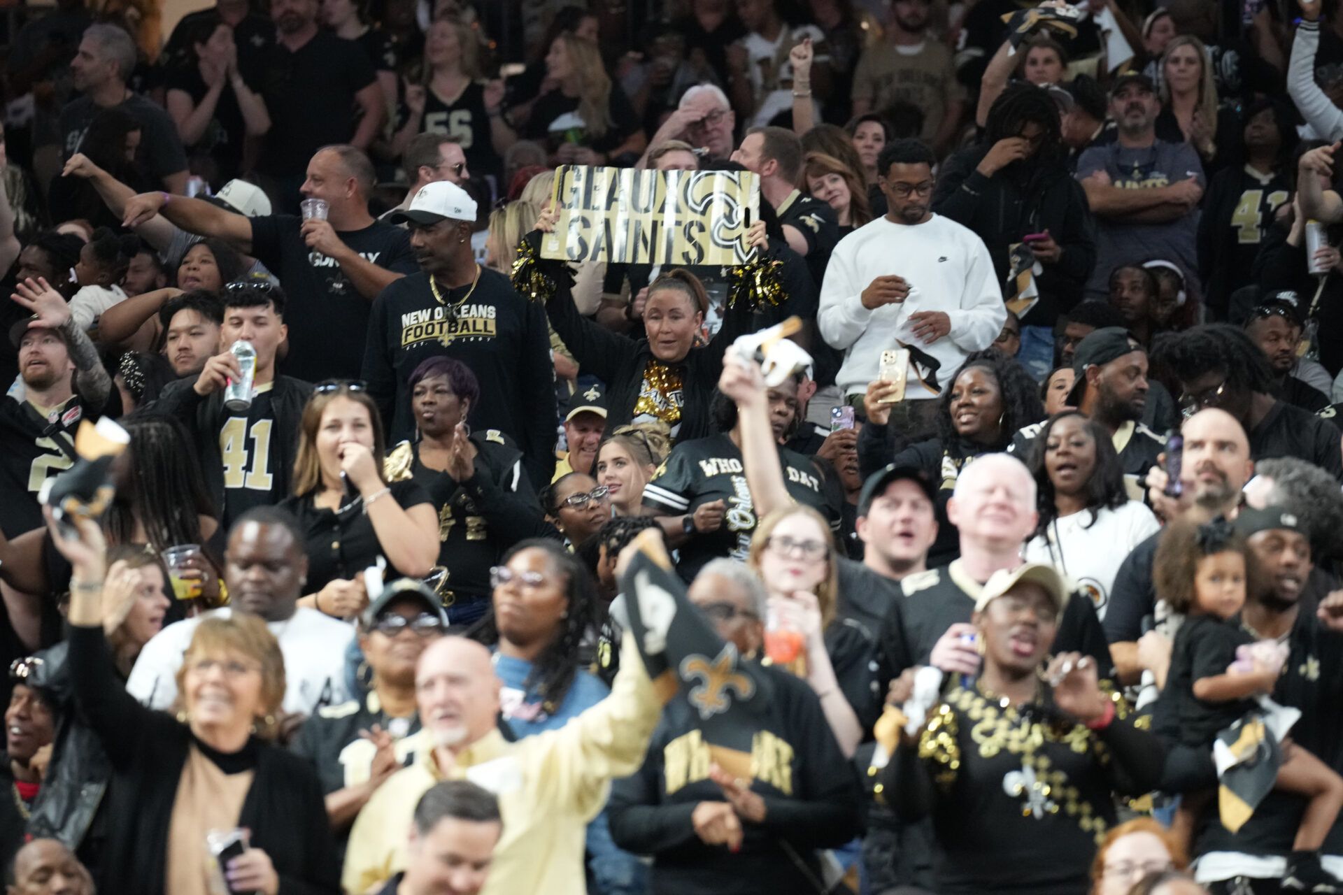 New Orleans Saints fans show their pride during the first half of a game against the Atlanta Falcons at Caesars Superdome.