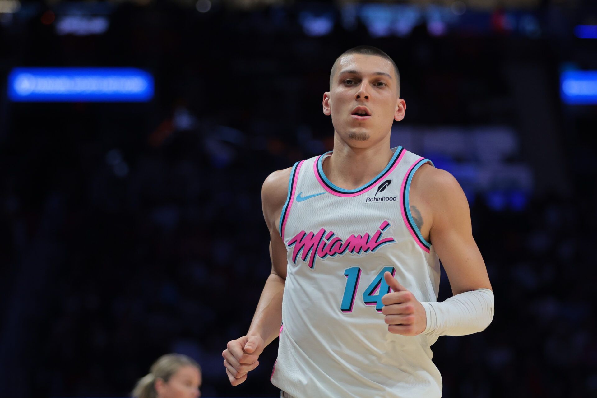 Miami Heat guard Tyler Herro (14) looks on against the Golden State Warriors during the third quarter at Kaseya Center.