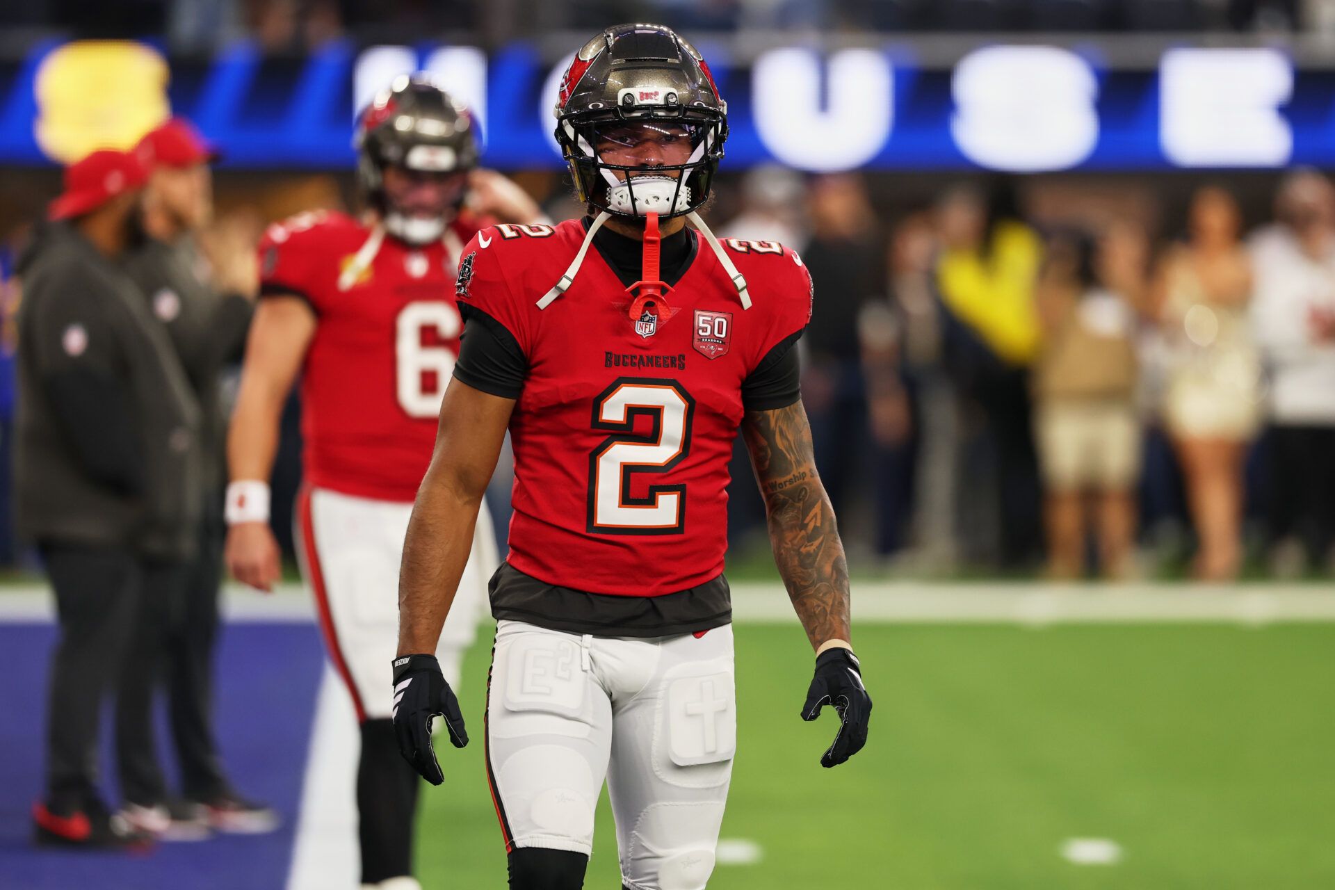 Tampa Bay Buccaneers wide receiver Emeka Egbuka (2) walks on the field before the game against the Los Angeles Rams at SoFi Stadium.