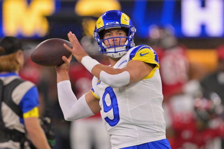 Los Angeles Rams quarterback Matthew Stafford (9) throws a pass during warmups before the game against the Tampa Bay Buccaneers at SoFi Stadium.