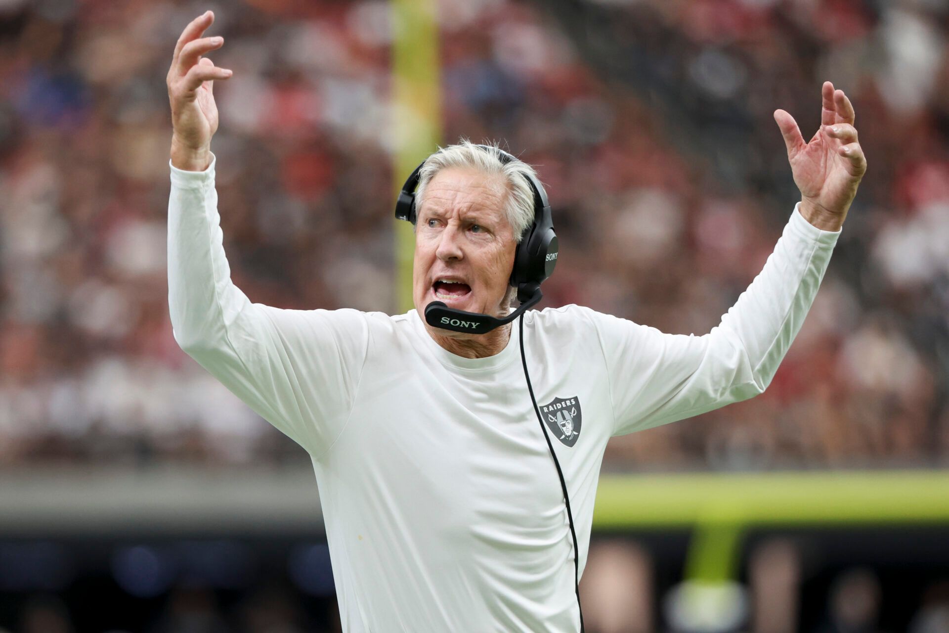 LAS VEGAS, NEVADA - AUGUST 16: Head coach Pete Carroll of the Las Vegas Raiders reacts to a play during the fourth quarter of the NFL Preseason 2025 game against the San Francisco 49ers at Allegiant Stadium on August 16, 2025 in Las Vegas, Nevada. (Photo by Ian Maule/Getty Images)