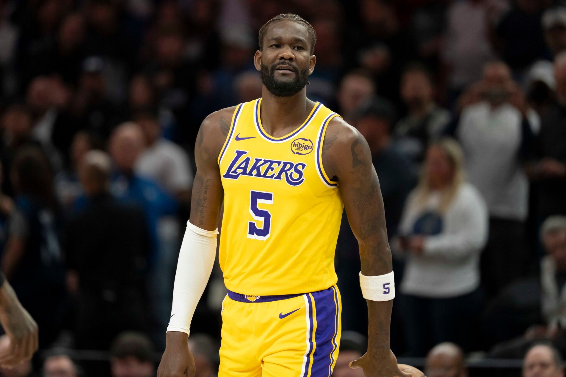 Los Angeles Lakers center Deandre Ayton (5) looks on against the Minnesota Timberwolves in the first half at Target Center.