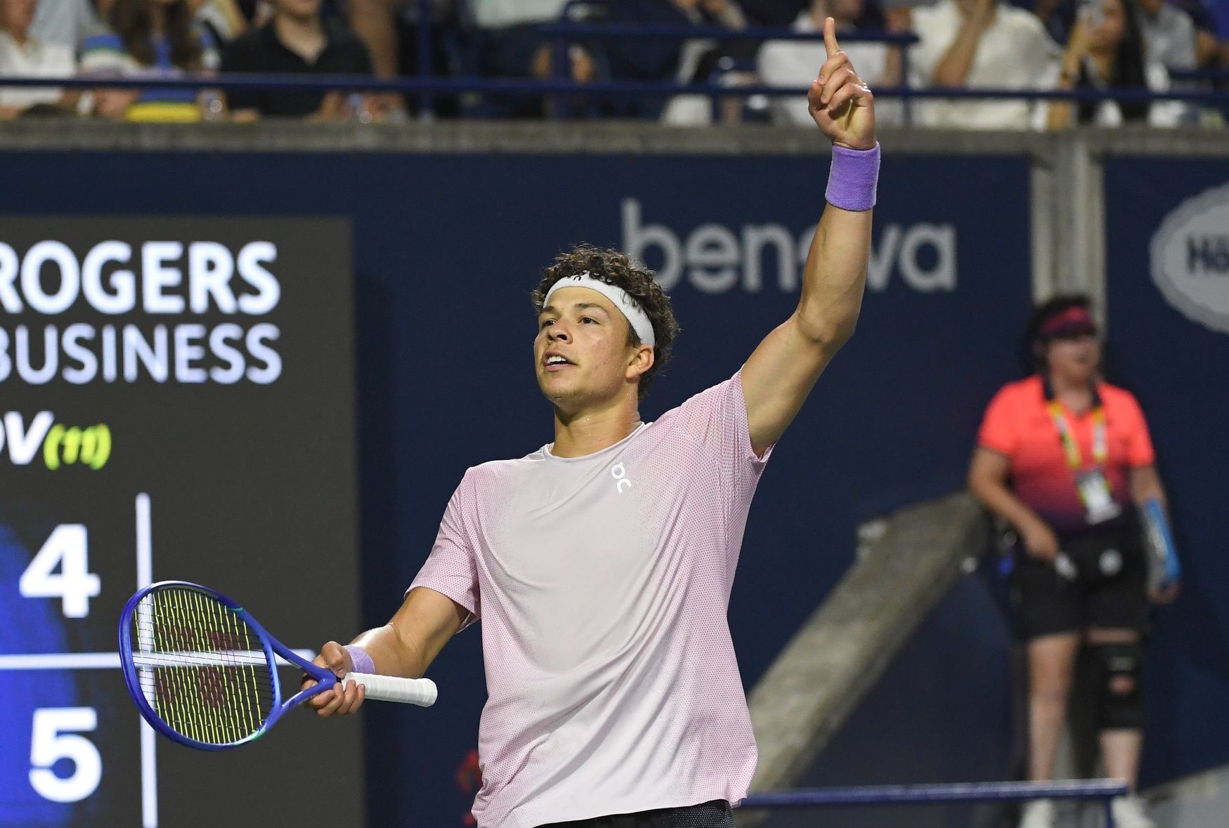 Ben Shelton (USA) reacts after winning a game against Karen Khachanov during the singles final at Sobeys Stadium.