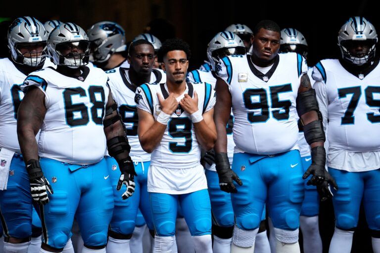 Carolina Panthers quarterback Bryce Young (9) prepares to enter the field before the game against the Atlanta Falcons at Mercedes-Benz Stadium.
