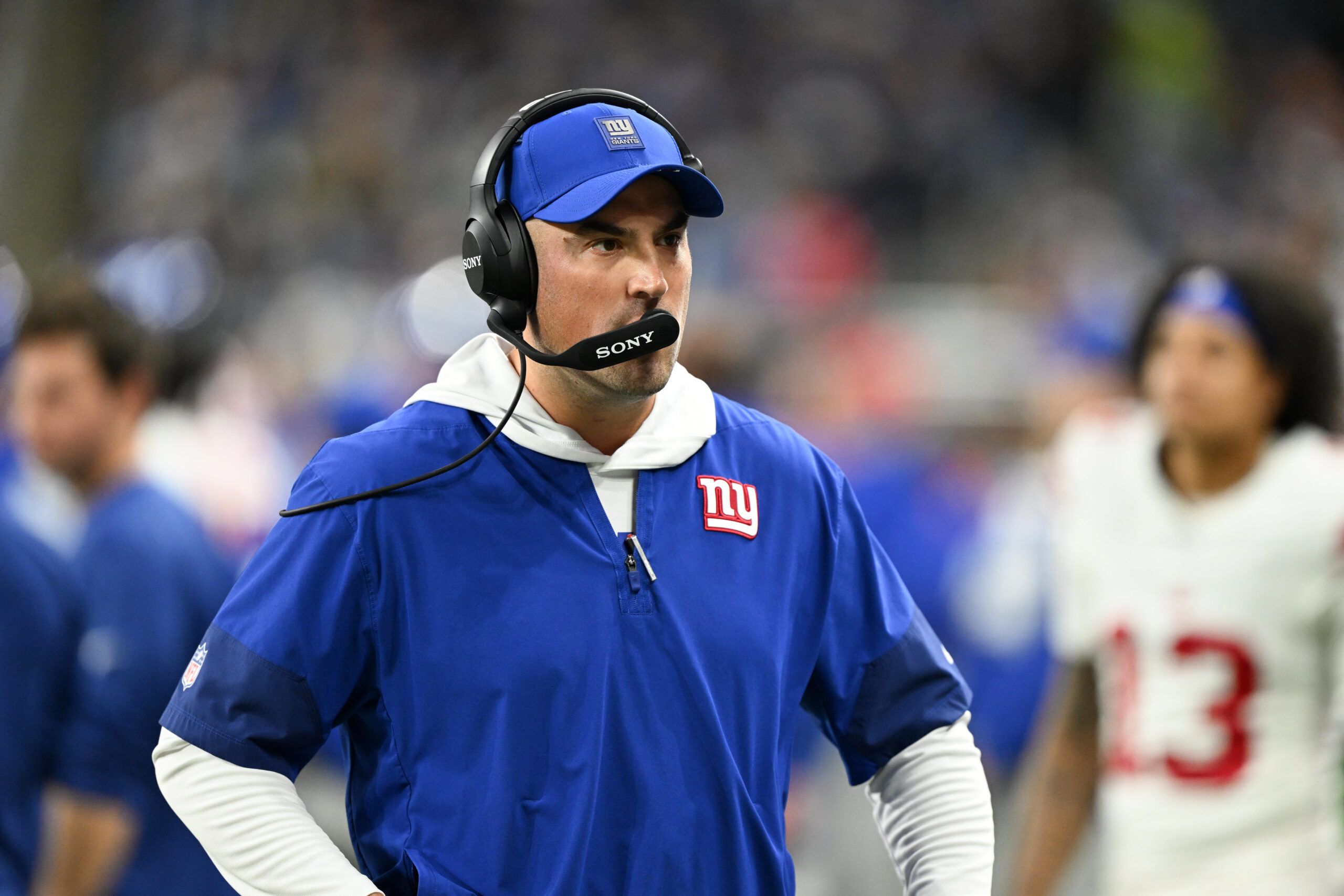 New York Giants interim head coach Mike Kafka looks on during the third quarter against the Detroit Lions at  Ford Field.