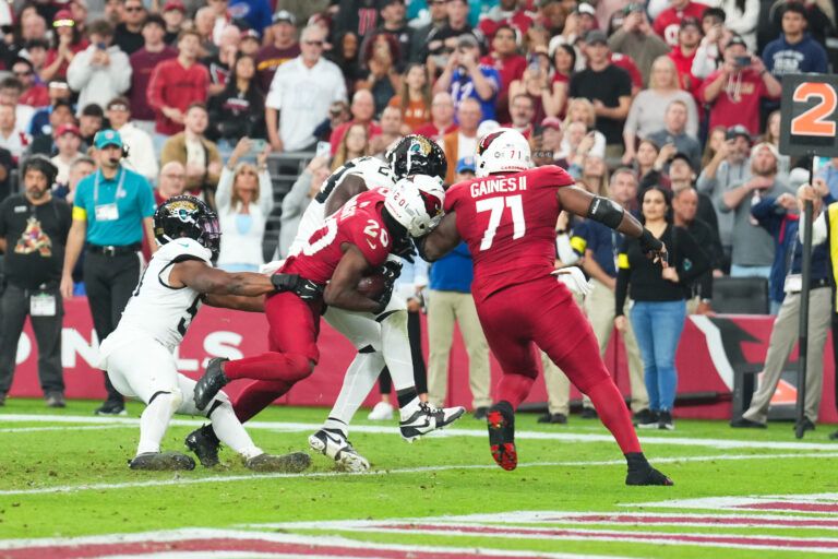 Arizona Cardinals running back Bam Knight (20) rushes for a touchdown during the second quarter against the Jacksonville Jaguars at State Farm Stadium.