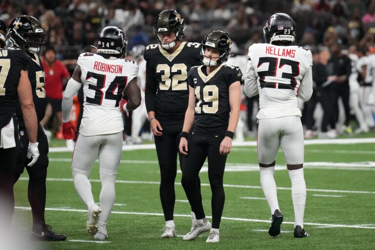 New Orleans Saints place kicker Blake Grupe (19) reacts after a missed field goal attempt against the Atlanta Falcons during the first half at Caesars Superdome.