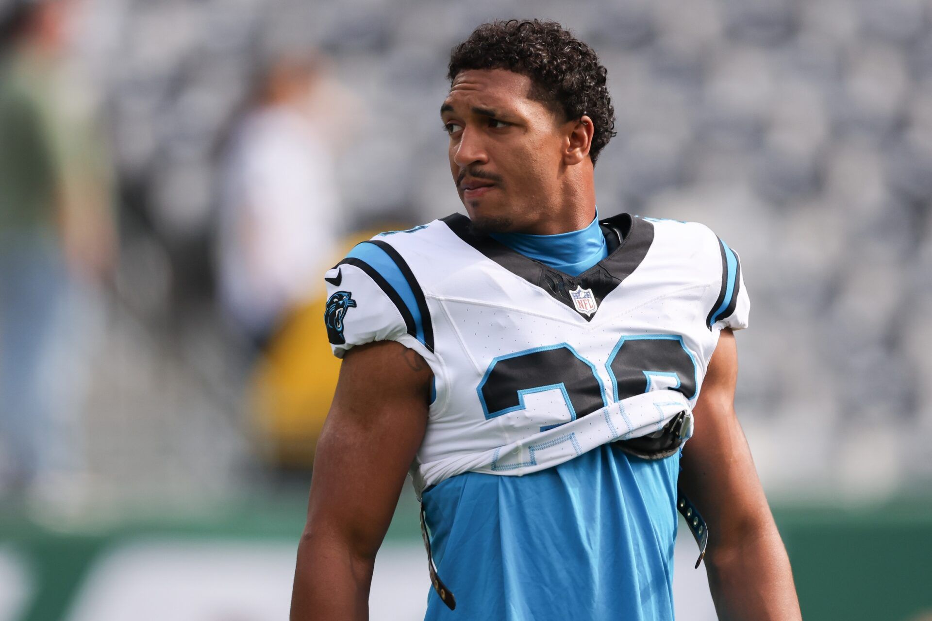 Carolina Panthers running back Chuba Hubbard (30) on the field before the game against the New York Jets at MetLife Stadium.