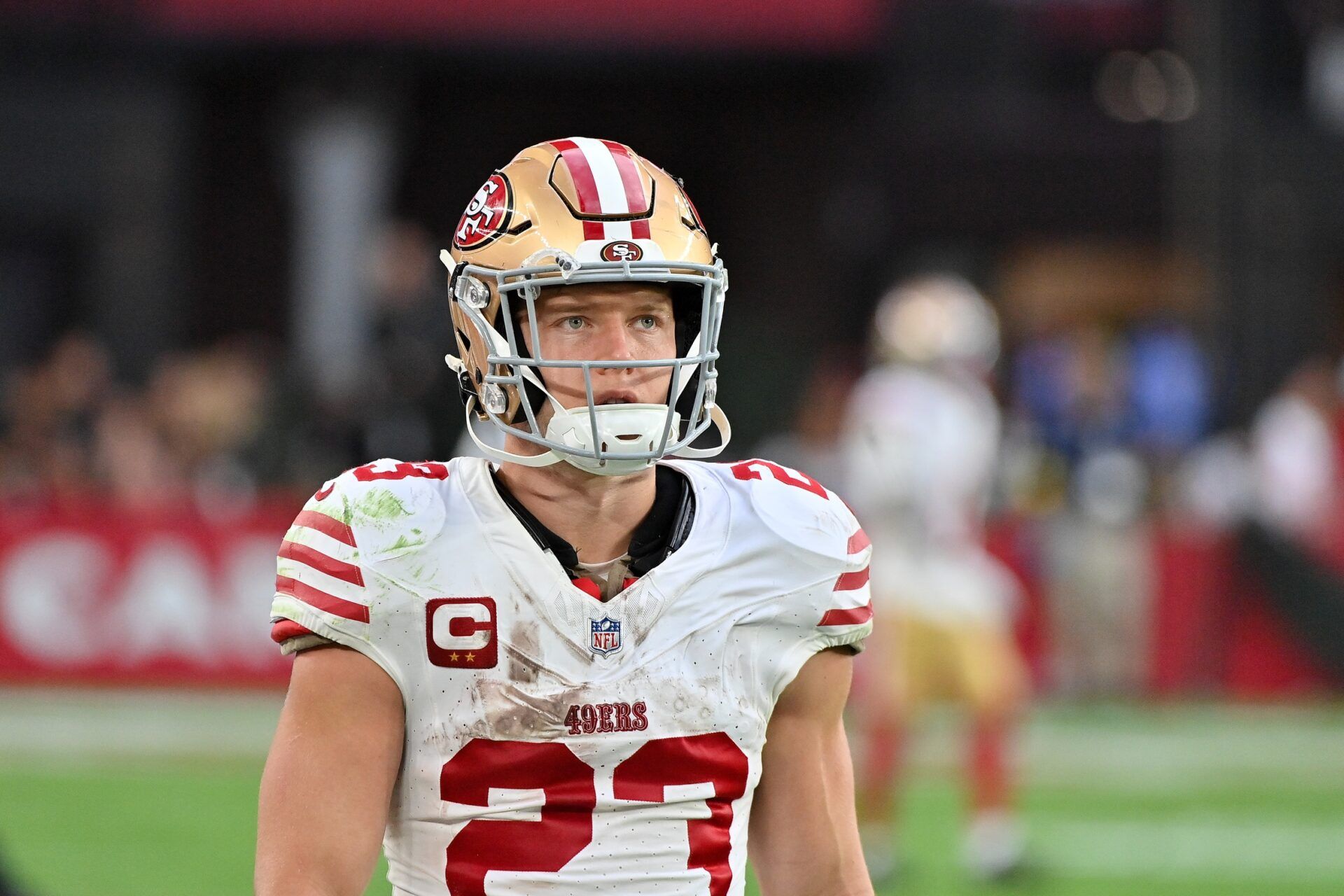 San Francisco 49ers running back Christian McCaffrey (23) looks on in the second half against the Arizona Cardinals at State Farm Stadium.