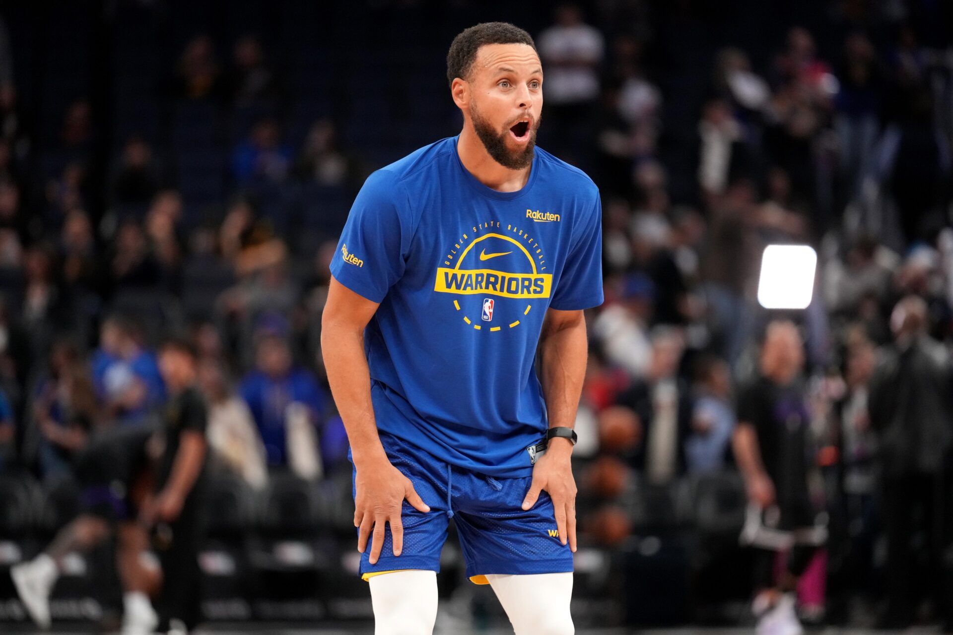 Golden State Warriors guard Stephen Curry (30) stands on the court before the start of the game against the Utah Jazz at the Chase Center.
