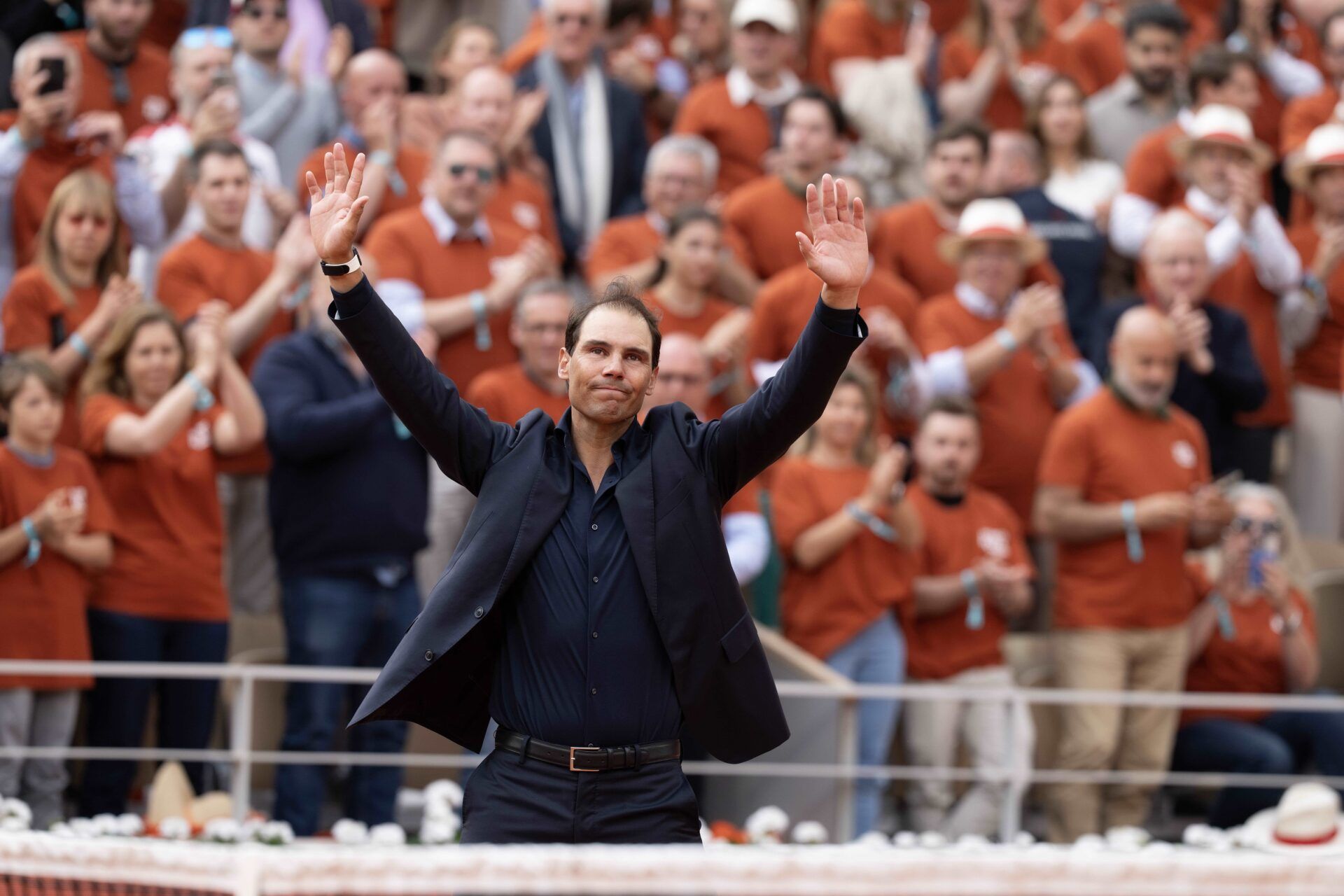 Rafael Nadal of Spain  during the presentation ceremony paying tribute to his career on a packed Court Philippe Chatrier Courtday on day one at Roland Garros Stadium.