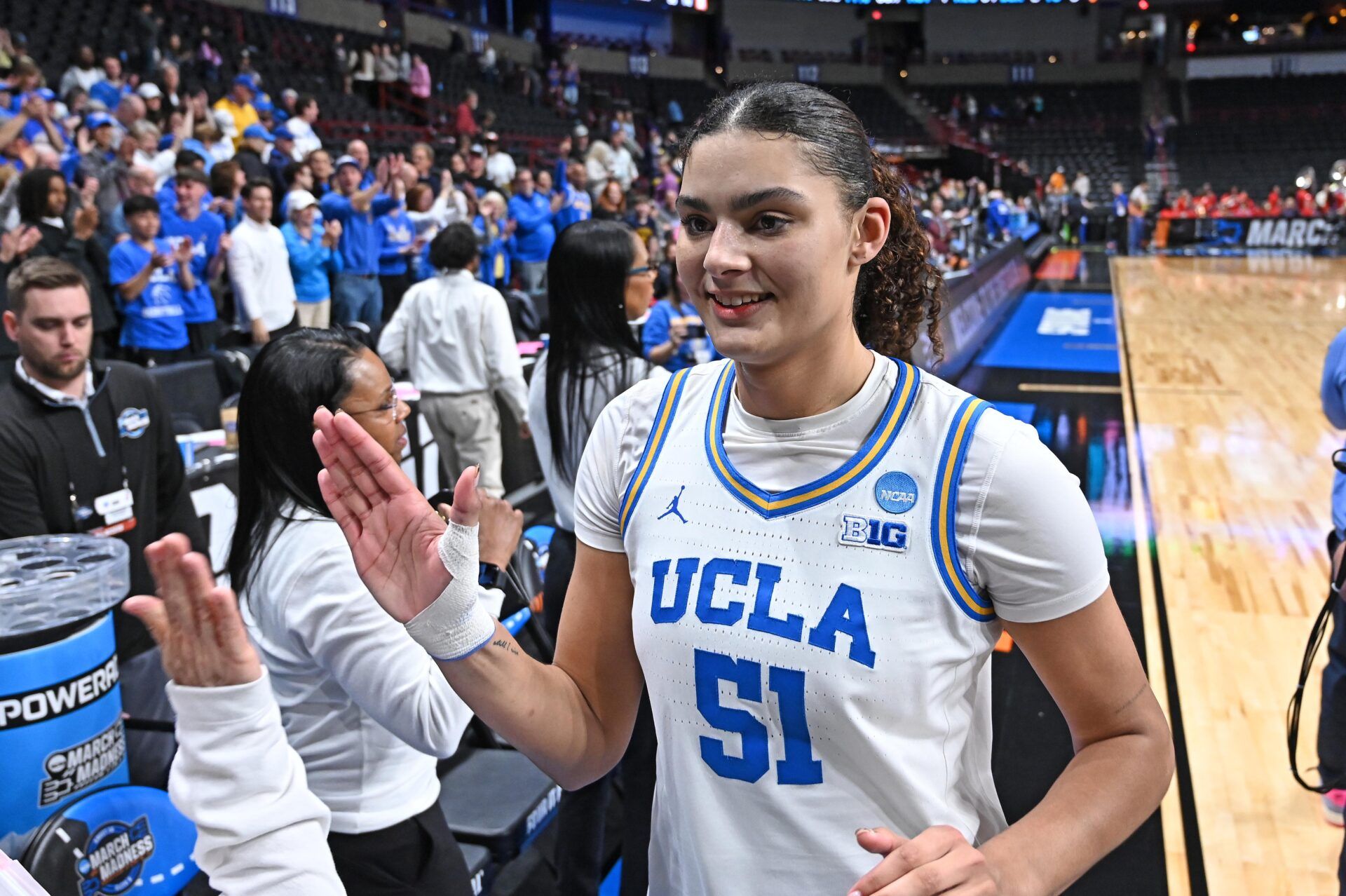 UCLA Bruins center Lauren Betts (51) walks off the court during a Sweet 16 NCAA Tournament basketball game against the Ole Miss Rebels at Spokane Arena. at Spokane Arena.