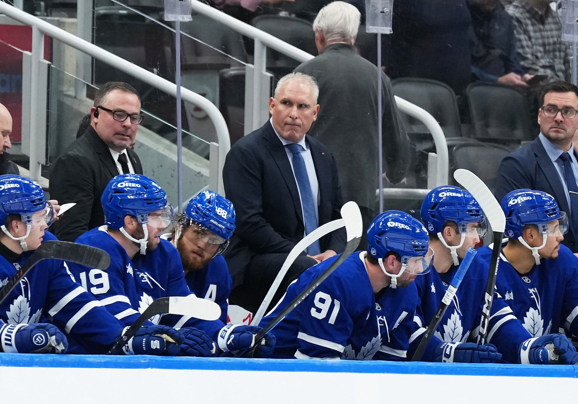 Toronto Maple Leafs head coach Craig Berube looks over at the the Columbus Blue Jackets bench during a break in the third period at Scotiabank Arena.