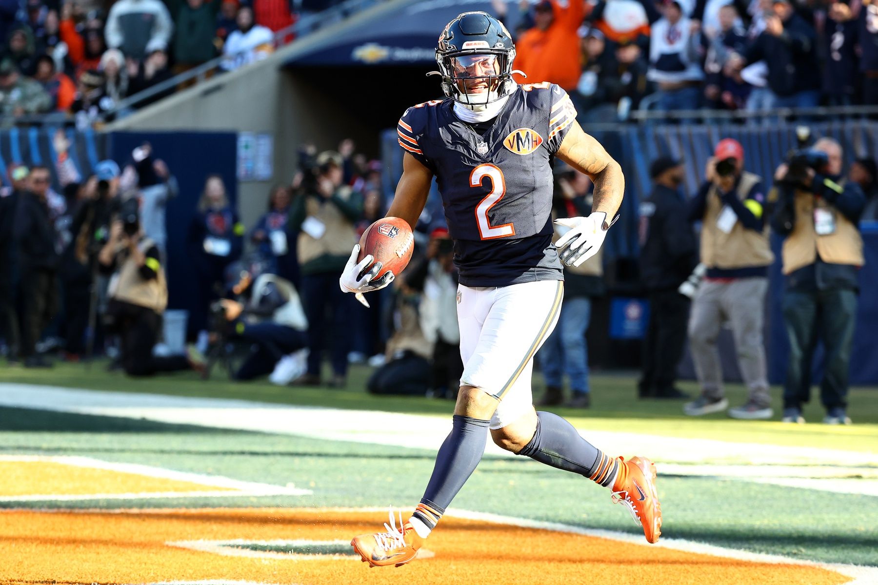 Chicago Bears wide receiver DJ Moore (2) makes a touchdown catch against the Pittsburgh Steelers during the second half at Soldier Field.