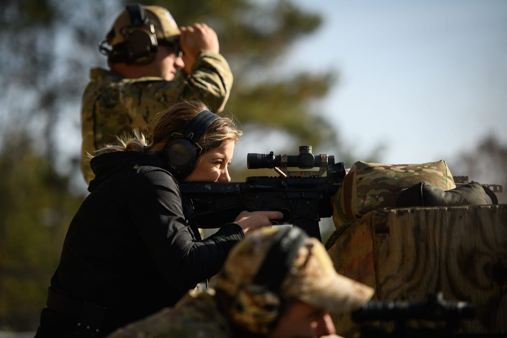 Olympic gymnast Shawn Johnson fires off some rounds on the firing range with Special Forces soldiers during a familiarization day for the Special Forces Tactical Challenge on Wednesday, Dec. 9, 2020, on Fort Bragg. A handful of celebrities are visiting Fort Bragg to take part in the Special Forces Tactical Challenge.

Ncfay 121010 News Sfcelebshoot 05