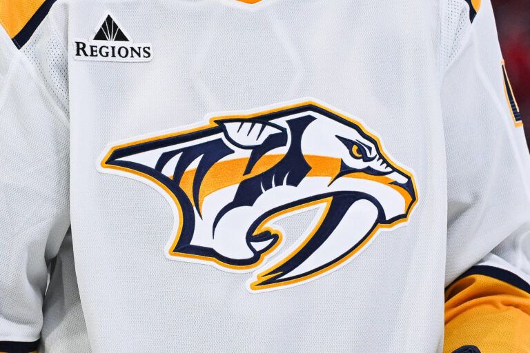 View of a Nashville Predators logo on a jersey worn by a member of the team against the Montreal Canadiens during the second period at Bell Centre.