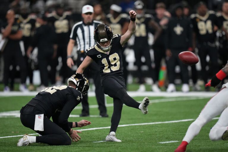 New Orleans Saints place kicker Blake Grupe (19) kicks a field goal against the Atlanta Falcons during the second half at Caesars Superdome.