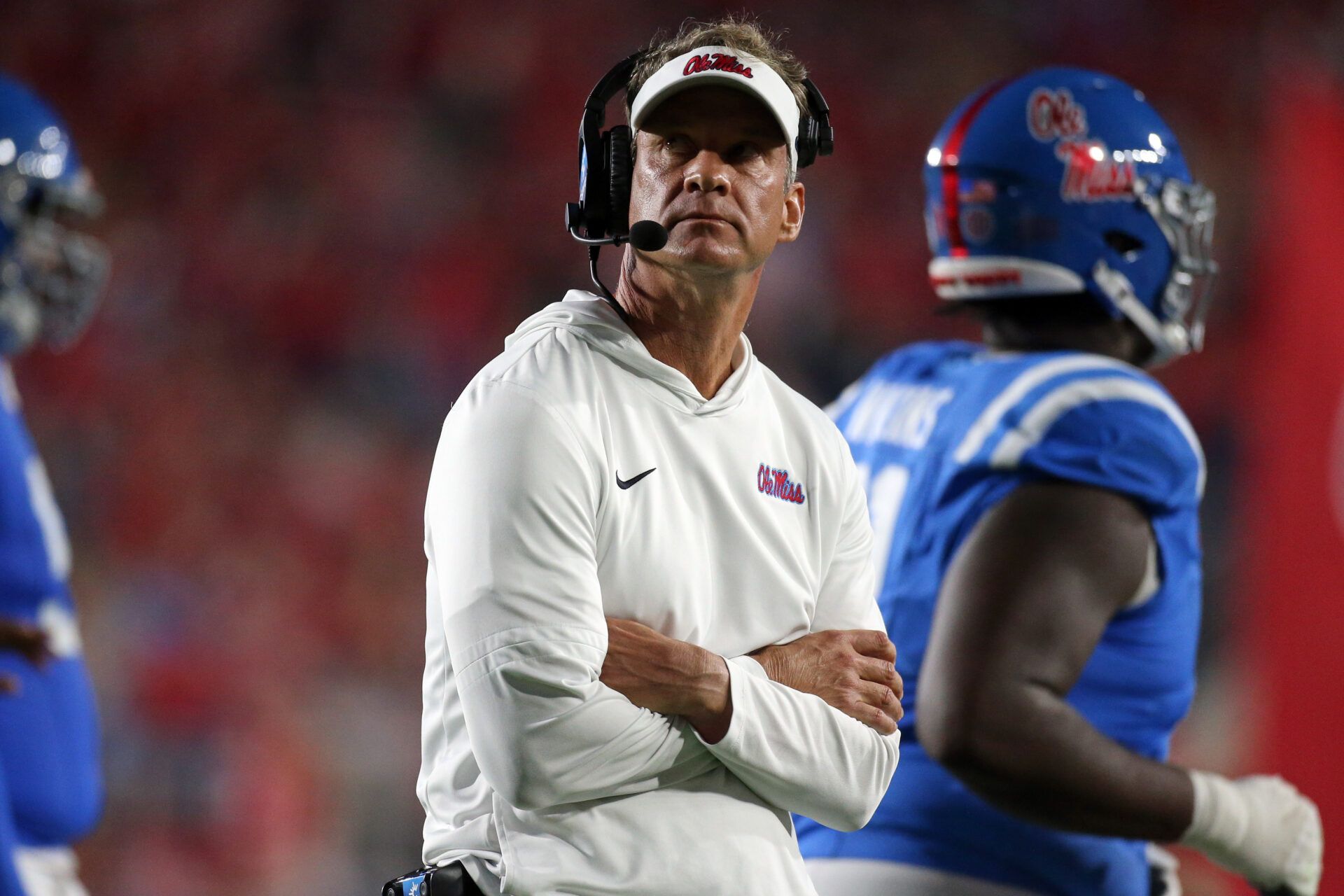 Mississippi Rebels head coach Lane Kiffin looks on during a time out during the first quarter against the Florida Gators at Vaught-Hemingway Stadium.