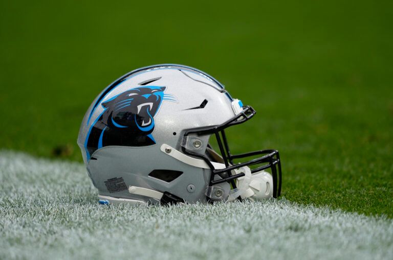 Carolina Panthers helmet before a game against the Green Bay Packers at Lambeau Field.