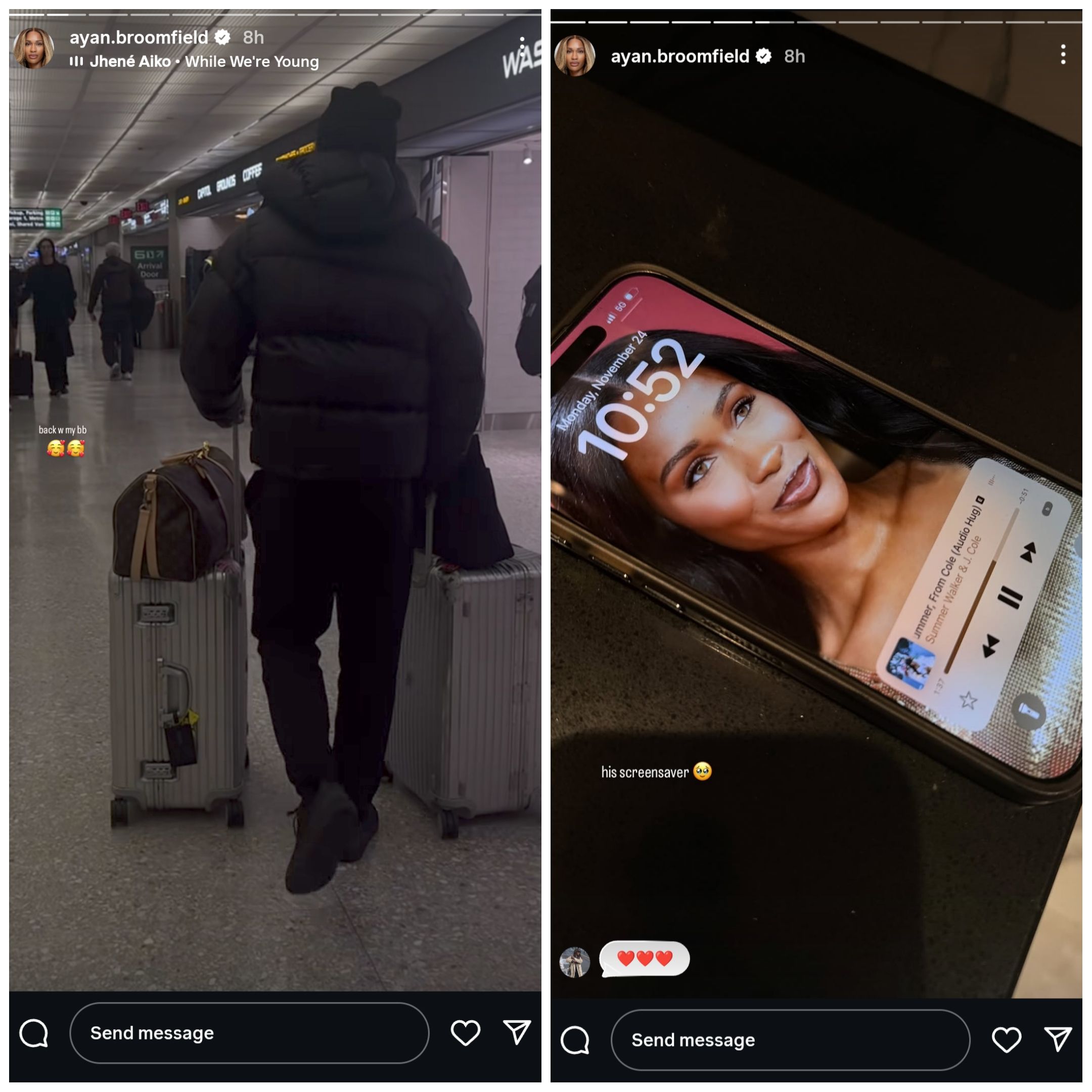 Screen grab of Ayan Broomfield's Instagram story