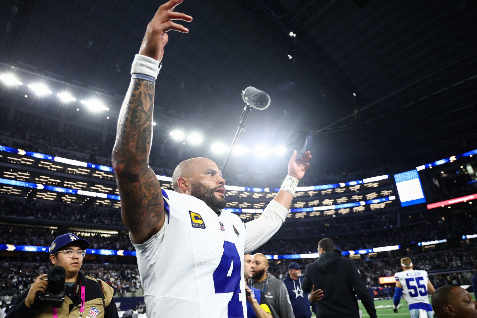 Dallas Cowboys quarterback Dak Prescott (4) reacts after the game against the Philadelphia Eagles at AT&T Stadium.