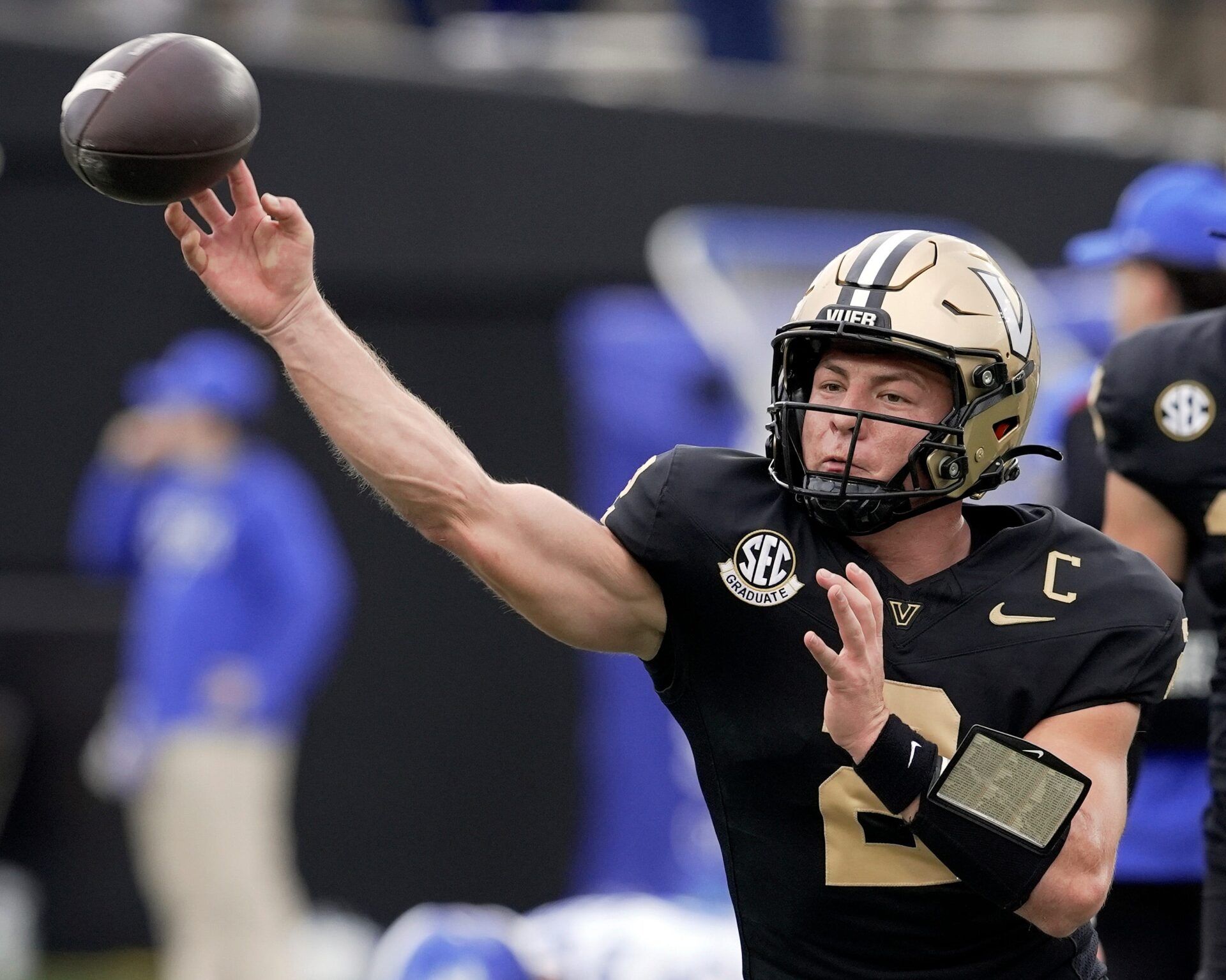 Vanderbilt quarterback Diego Pavia (2) passes while warming before playing at FirstBank Stadium in Nashville, Tenn., Saturday, Nov. 22, 2025.