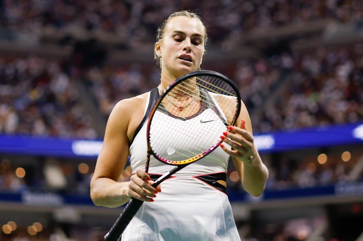 Aryna Sabalenka looks at her racket in the women's singles final against Amanda Anisimova (USA) (not pictured) of the 2025 US Open tennis championships at Billie Jean King National Tennis Center.